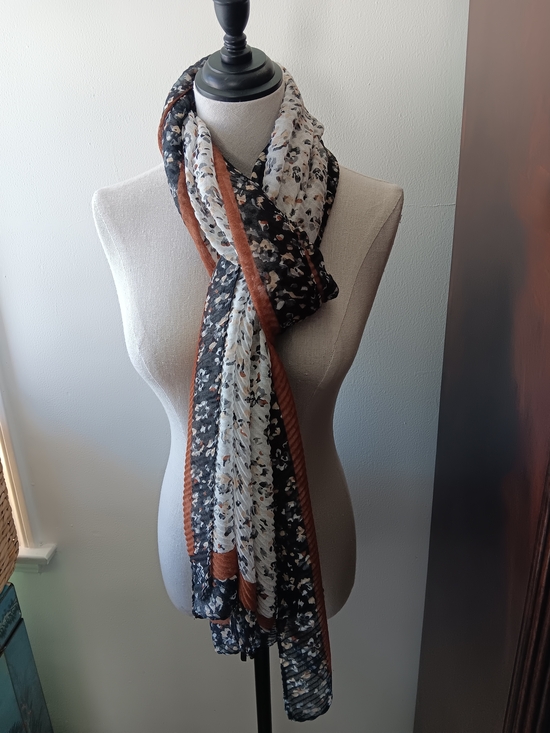 cejan Accessories - Lightweight Floral & Stripe Scarf in Black, White & Rust